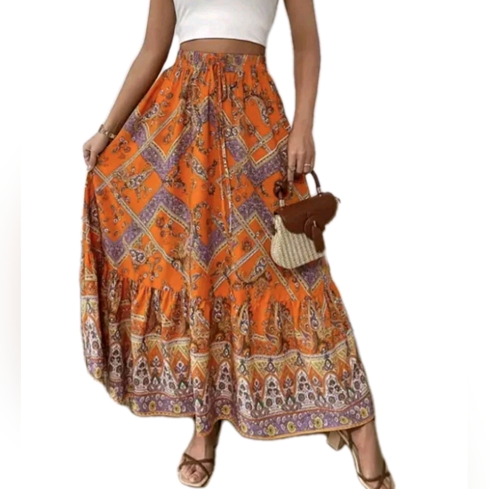 Maxi Skirt Orange Paisley Bohemian Style Fall Colors Skirts Outfit